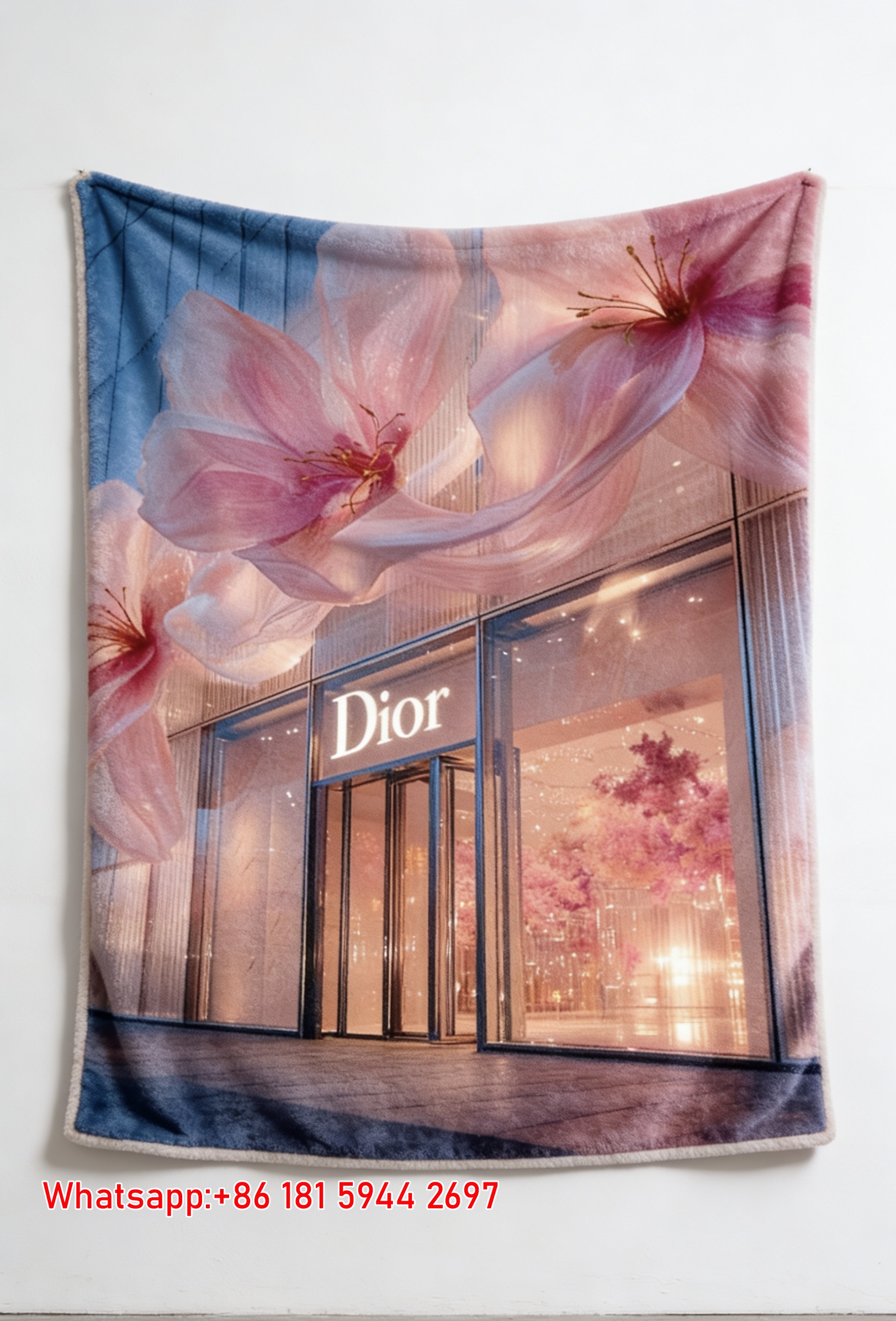 Dior Pink Floral Storefront Flannel Sofa Throw Blanket D019